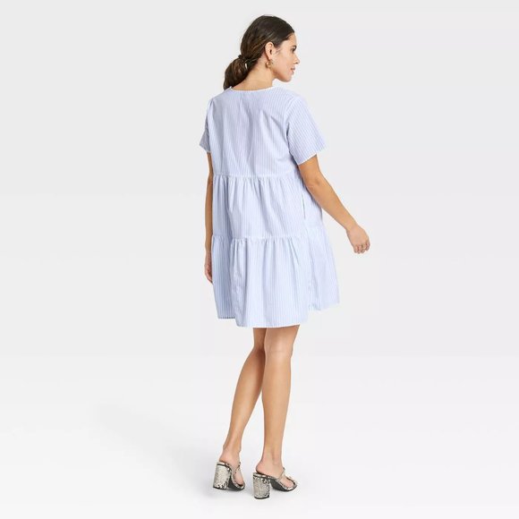 a new day Blue & White Striped Tiered Loose & Lightweight Dress with Pockets - Picture 2 of 4